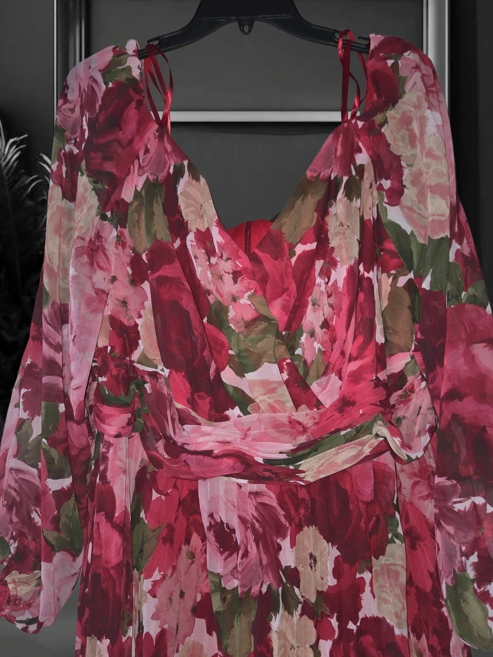 Xscape Plus Size Floral Pleated Maxi Off-The-Shoul Red Olive 20W Dress - Picture 9 of 16